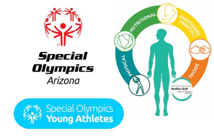 Logo of special olympics, Healthy Leap Into Fitness Program, and Young Athletes program.